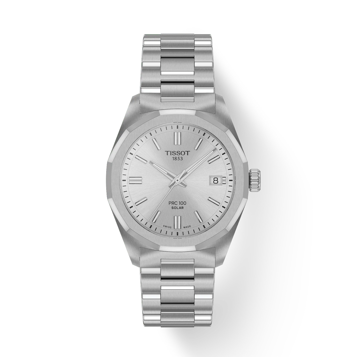 Tissot PRC 100 Solar 34mm steel watch with silver dial and date, classic and elegant. Model T1518221103100