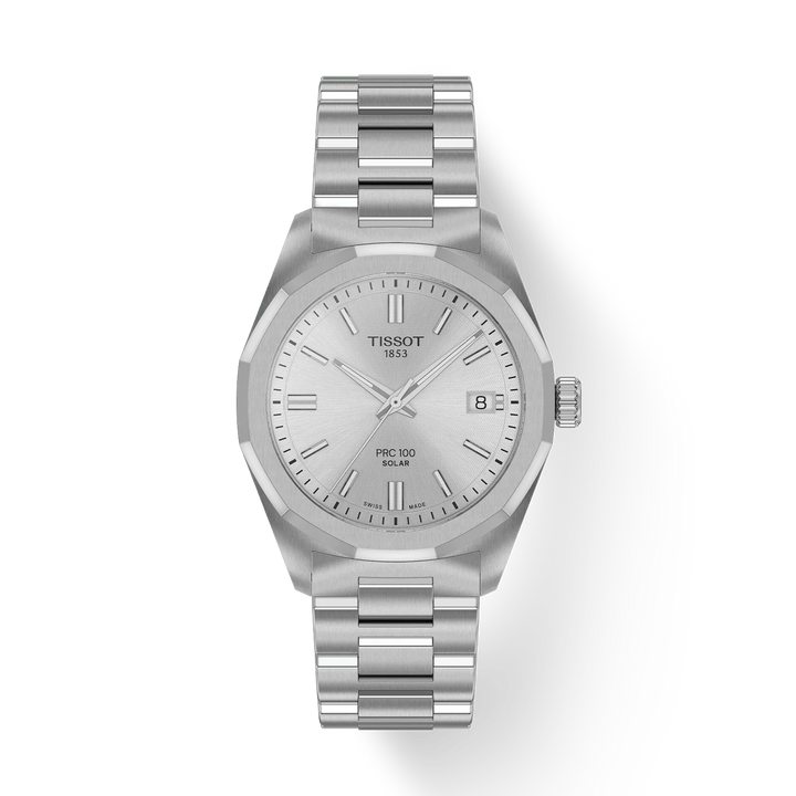 Tissot PRC 100 Solar 34mm steel watch with silver dial and date, classic and elegant. Model T1518221103100