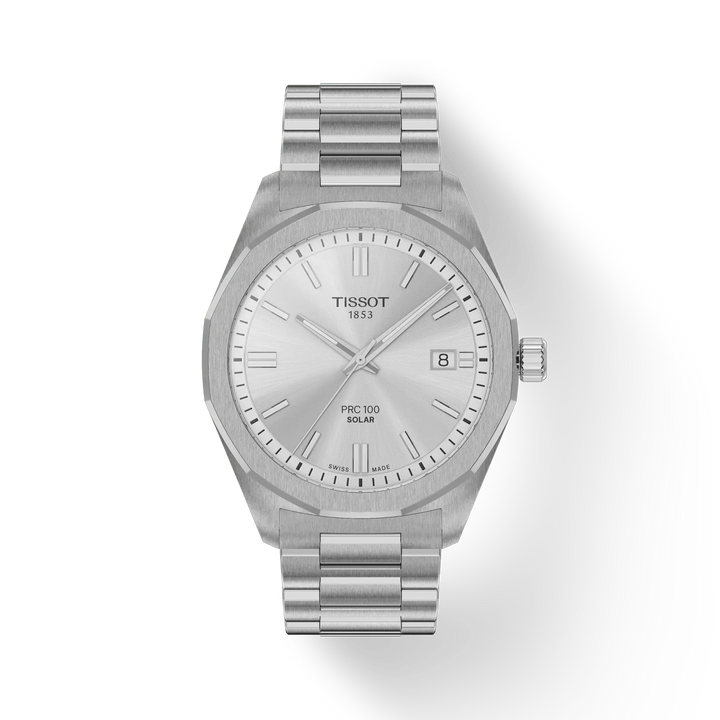 Tissot PRC 100 Solar Quartz 39mm shows silver dial and steel chain. Model T1514221103100.