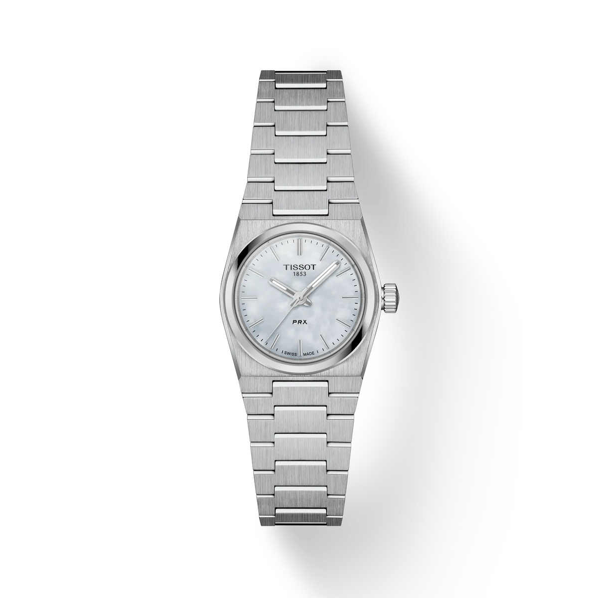 Tissot PRX 25mm mother-of-pearl dial wristwatch in steel with silver-coloured chain. Model T1370101111100