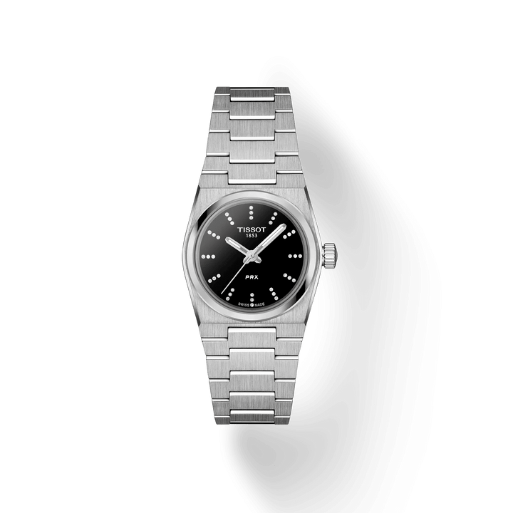 Tissot PRX 25mm black dial with diamonds, steel watch and bracelet. Model T1370101105600