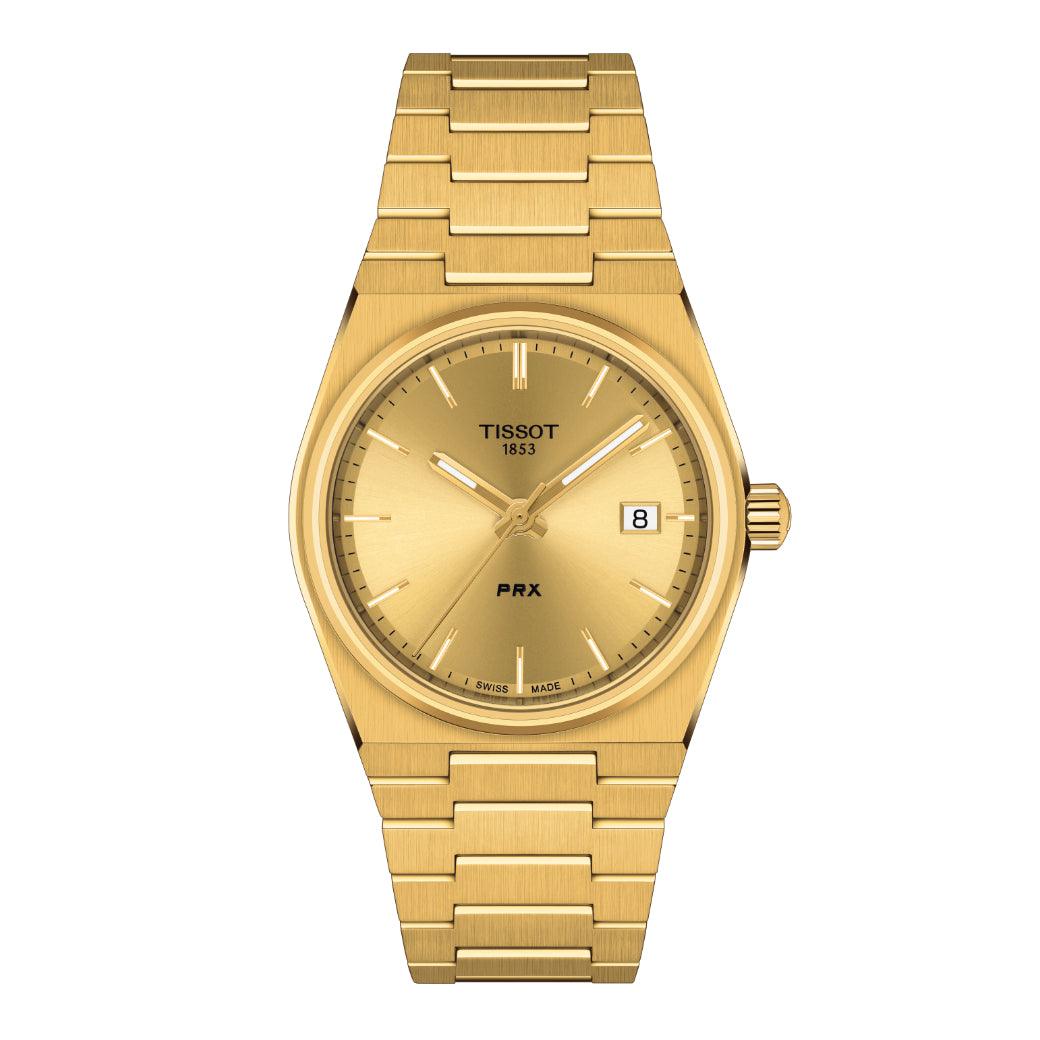 Tissot PRX 35mm gold PVD watch with integrated chain and gold-coloured dial. Model T1372103302100.