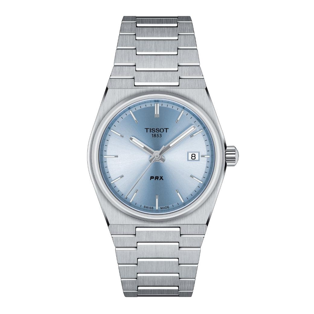 Tissot PRX 35mm dial light blue men's watch with stainless steel chain and date display. Model T1372101135100.