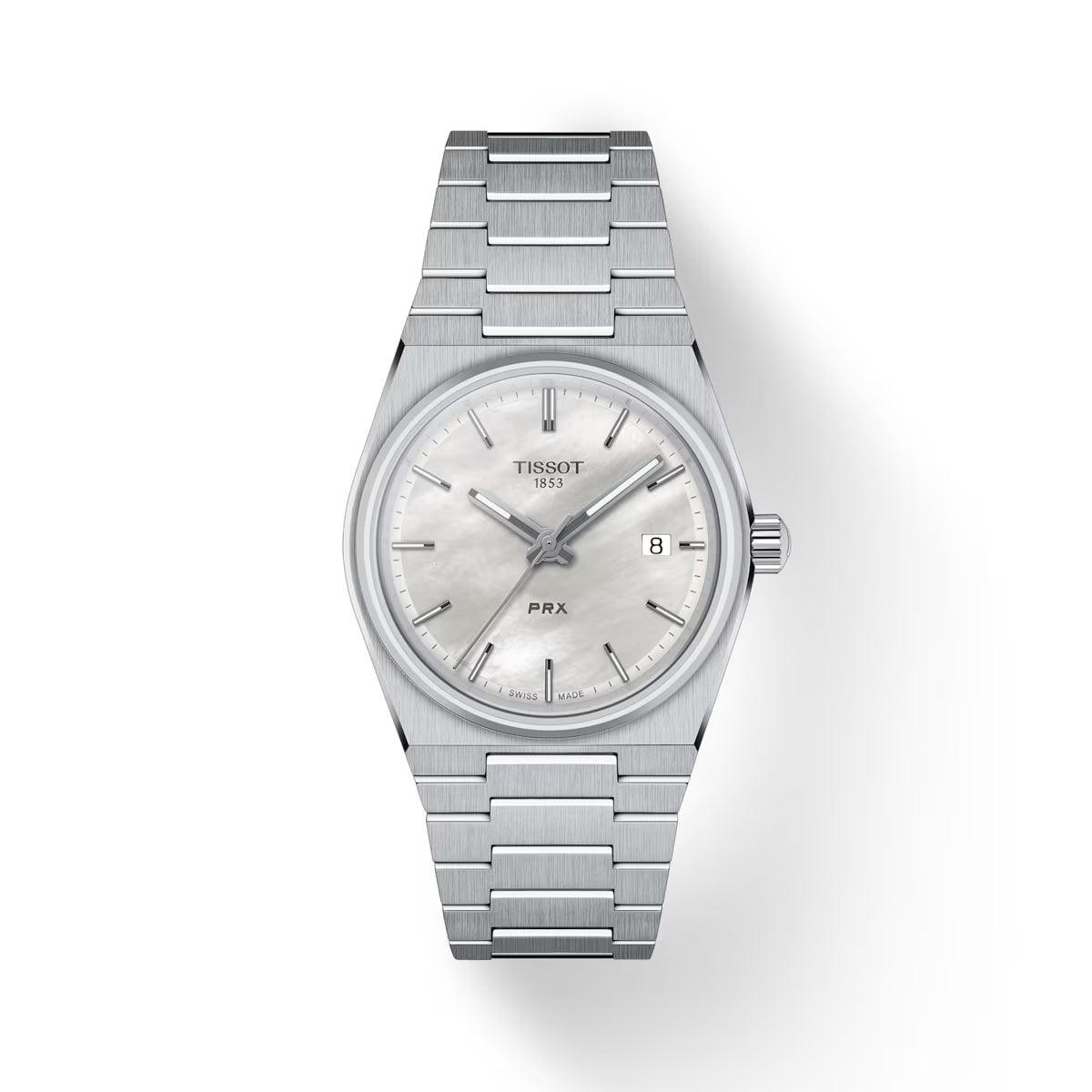 Tissot PRX 35mm dial with white mother-of-pearl on steel link, elegant cover image. Model T1372101111100