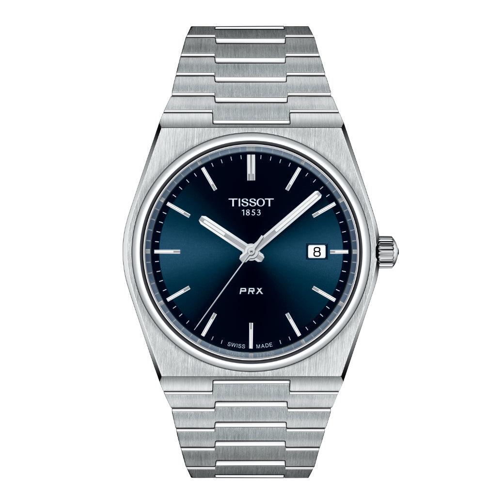 Tissot PRX 40mm with blue dial and steel chain, classic men's watch with date. Model T1374101104100.