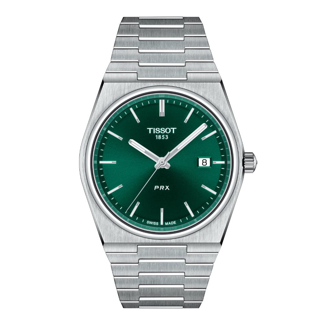 Tissot PRX 40mm with green dial, steel strap and date, modern and elegant men's watch. Model T1374101109100.