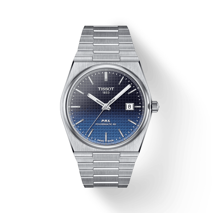 Tissot PRX Powermatic 80 40mm features blue gradient dial, steel bracelet and date display. Model T1374071105101