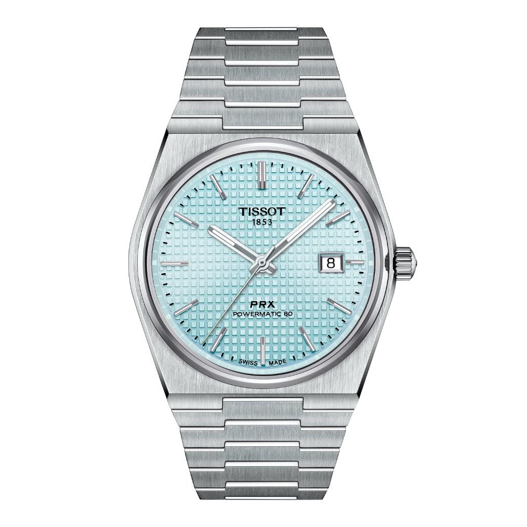 Tissot PRX Powermatic 80 Ice Blue watch with steel strap, ice blue dial and date. Model T1374071135100.