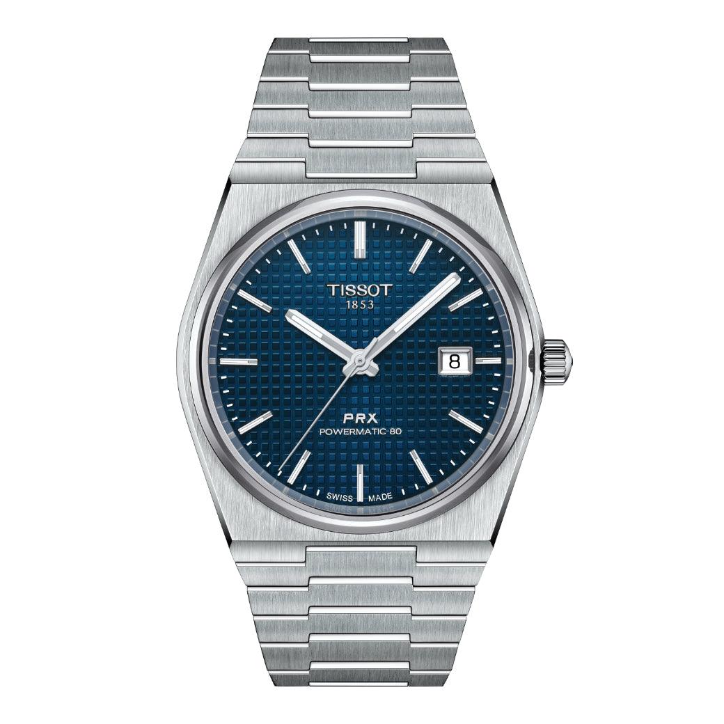 Tissot PRX Powermatic 80 with blue dial, detail of steel case and chain. Model T1374071104100.