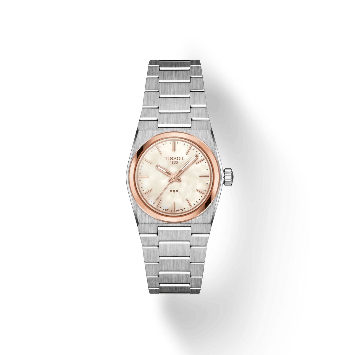 Tissot PRX Rose gold 25mm shows an elegant ladies watch in steel with rose gold bezel, Model T1370102111100.
