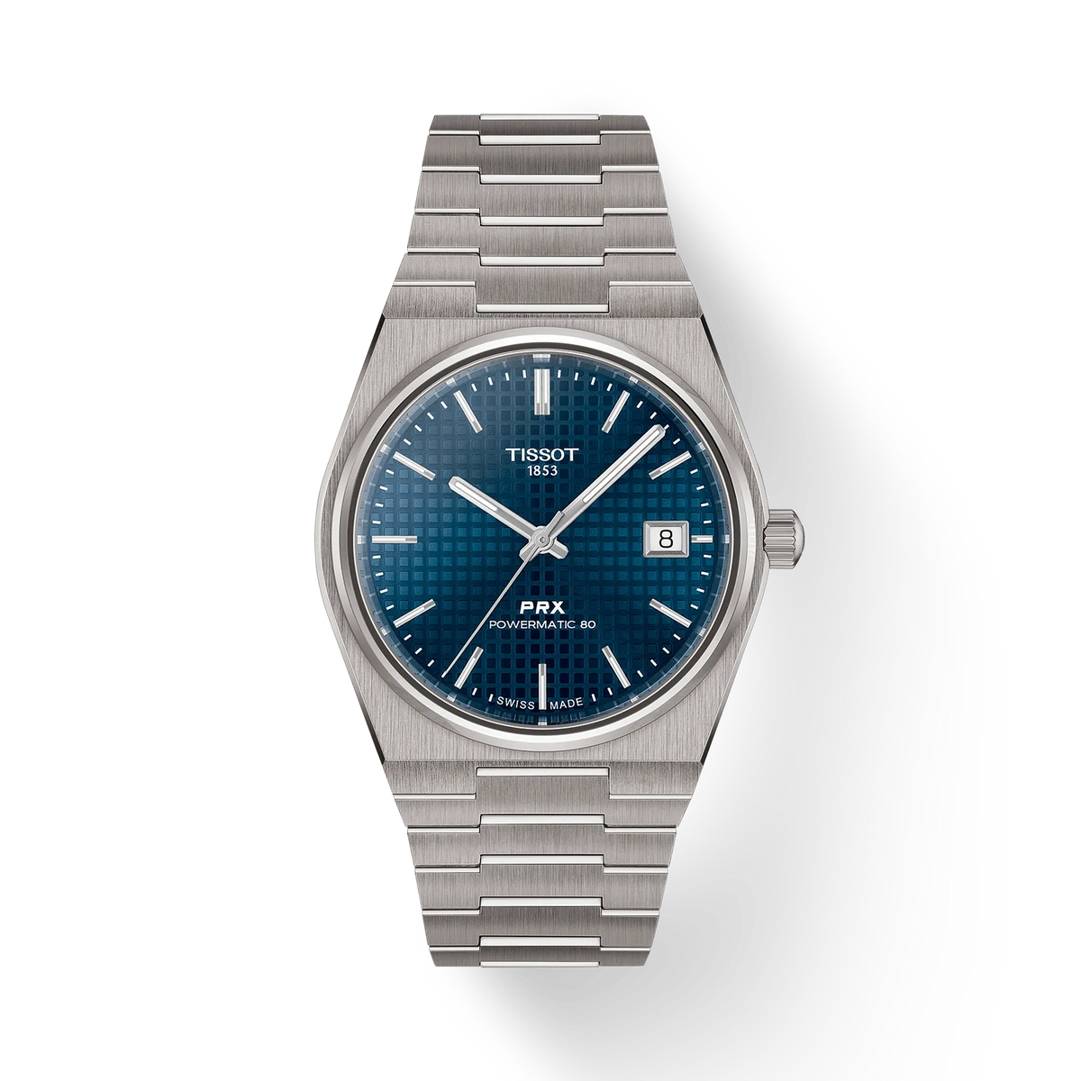 Tissot PRX Titanium 38mm Powermatic with blue dial, integrated steel link. Model T1378074404100