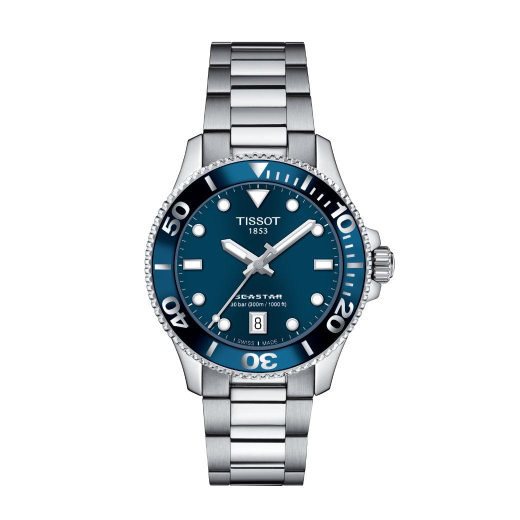 Tissot Seastar 1000 36mm watch with blue dial, steel link and date, Model T1202101104100