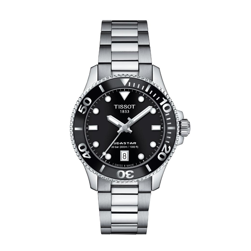 Tissot Seastar 1000 36mm with black dial and steel link, round bezel, shown frontally. Model T1202101105100.