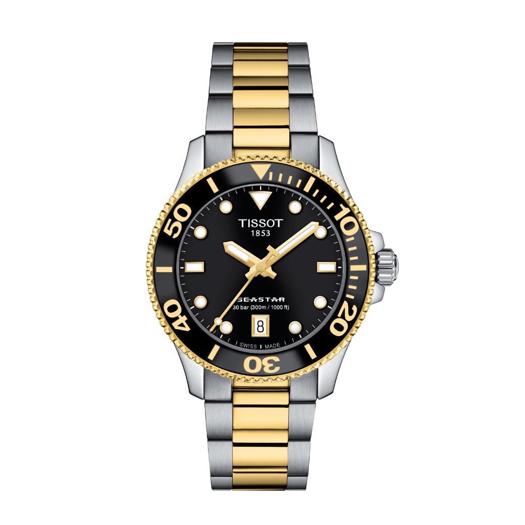 Tissot Seastar 1000 36mm with black dial, gold-colored details and two-tone chain. Model T1202102205100