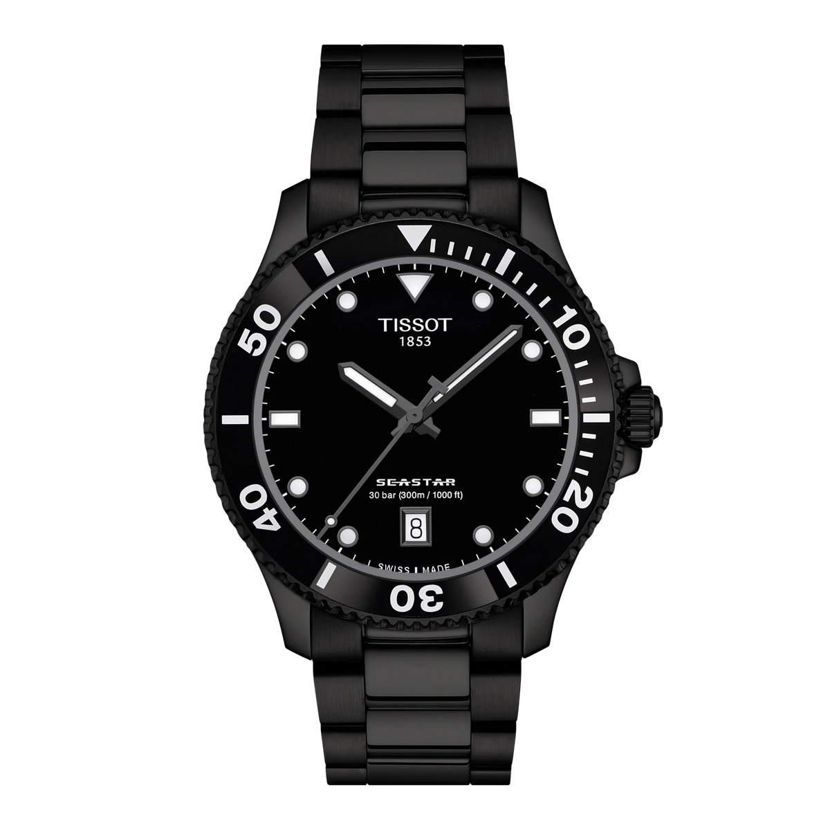 Tissot Seastar 1000 40mm black PVD watch with black dial and steel chain, Model T1204103305100.