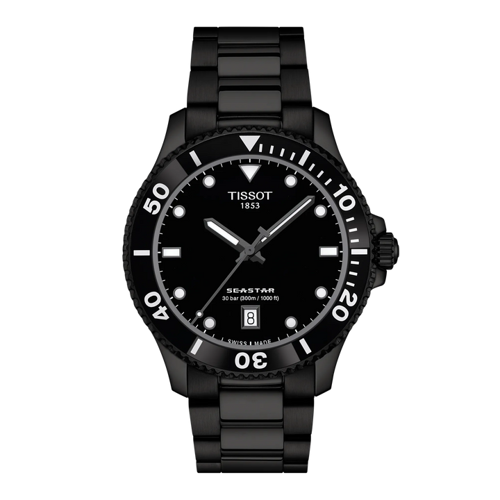 Tissot Seastar 1000 40mm black PVD watch with black dial and steel chain, Model T1204103305100.
