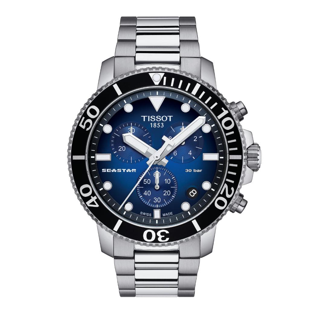 Tissot Seastar 1000 Chronograph with blue dial, steel chain and black bezel. Model T1204171104101