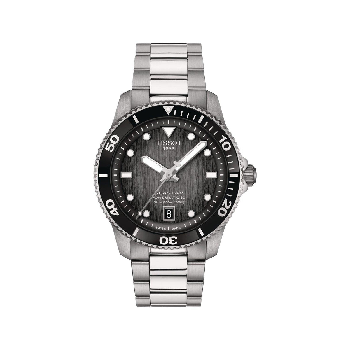Tissot Seastar 1000 Powermatic 80 with black dial and steel link, shown frontally. Model T1208071105100.