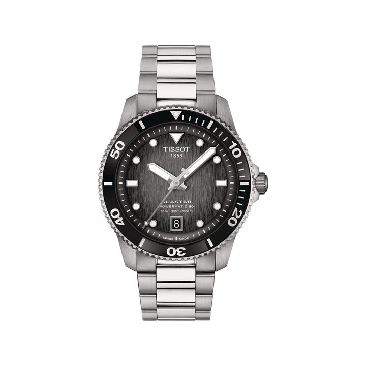 Tissot Seastar 1000 Powermatic 80 with black dial and steel link, shown frontally. Model T1208071105100.