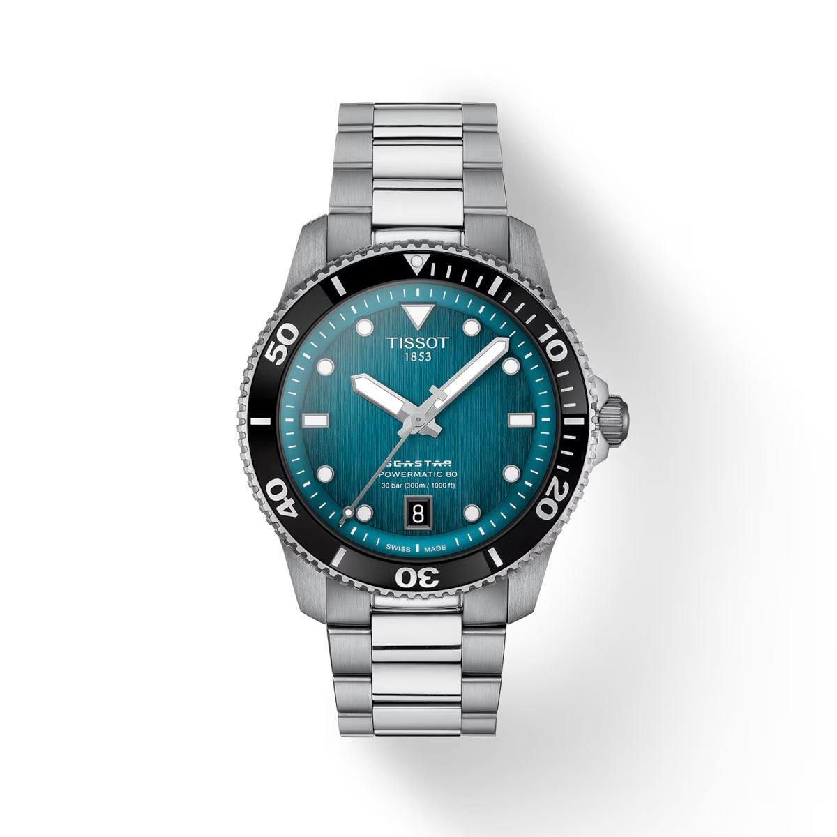 Tissot Seastar 1000 Powermatic 80 with turquoise dial, steel bracelet and black diving bezel. Model T1208071109100
