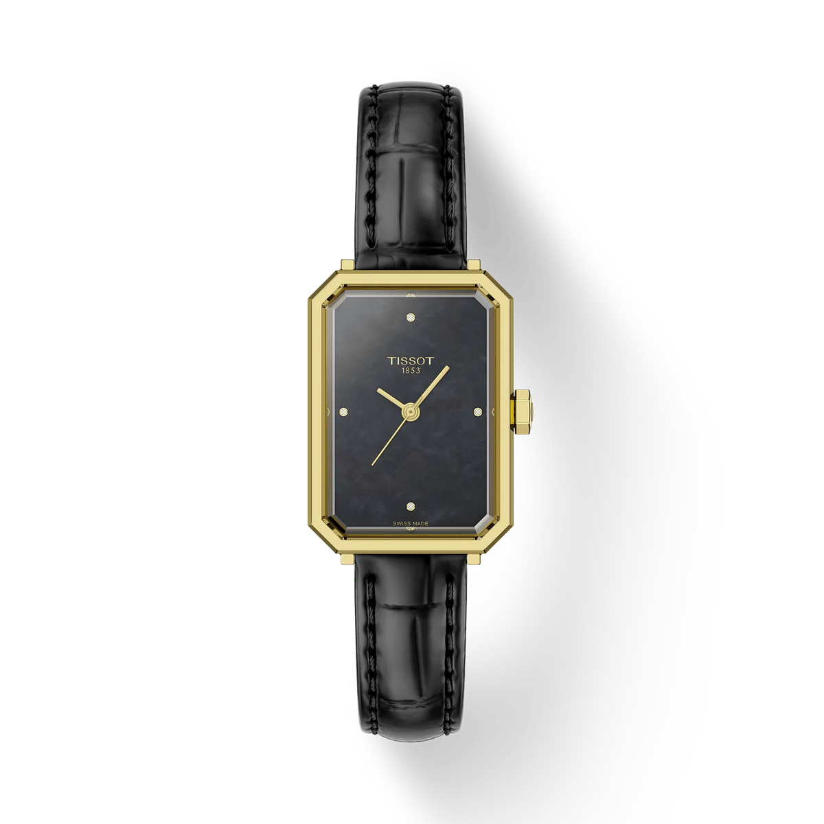 Tissot SRV 30mm gold PVD watch with black leather strap, elegant rectangular dial. Model T1601103612600
