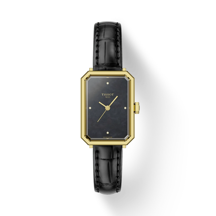Tissot SRV 30mm gold PVD watch with black leather strap, elegant rectangular dial. Model T1601103612600