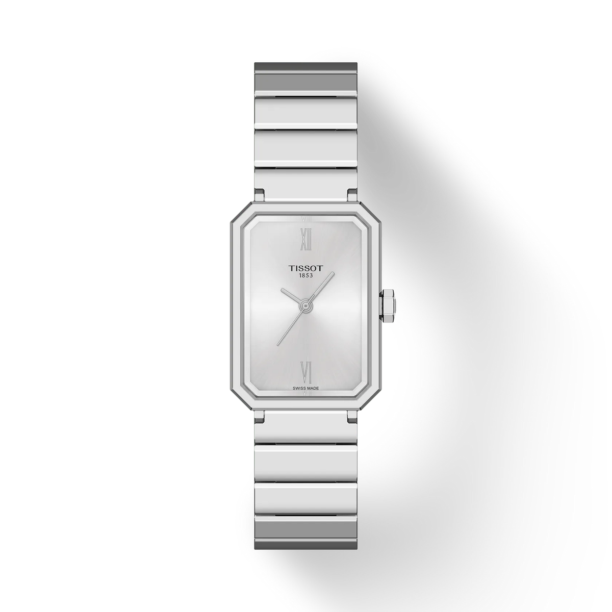Tissot SRV 30mm steel chain silver disc – elegant watch with rectangular silver colored dial and metal strap. Model T1601101103300