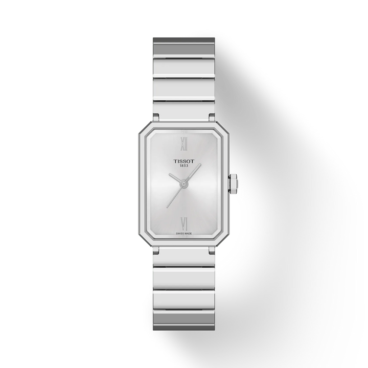 Tissot SRV 30mm steel chain silver disc – elegant watch with rectangular silver colored dial and metal strap. Model T1601101103300