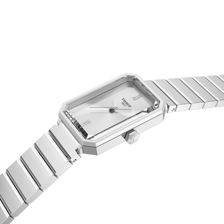 Tissot SRV 30mm steel chain silver dial showing close-up of elegant square case and bracelet. Model T1601101103300