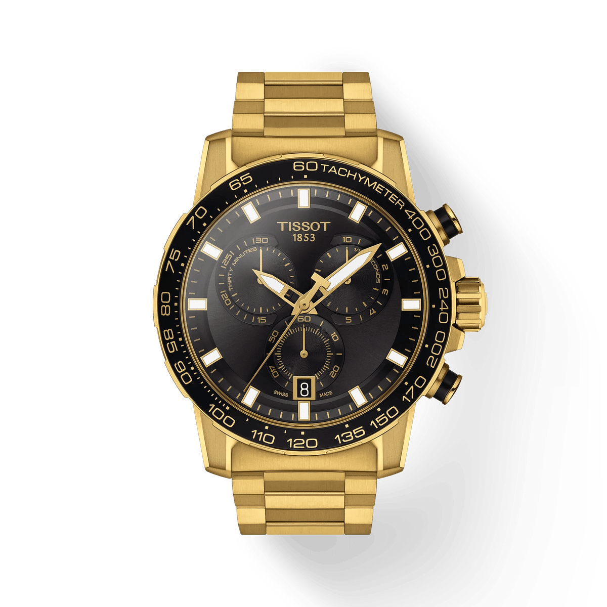 Tissot Supersport Chrono gold PVD 45mm quartz watch with black dial and tachymeter. Model T1256173305101