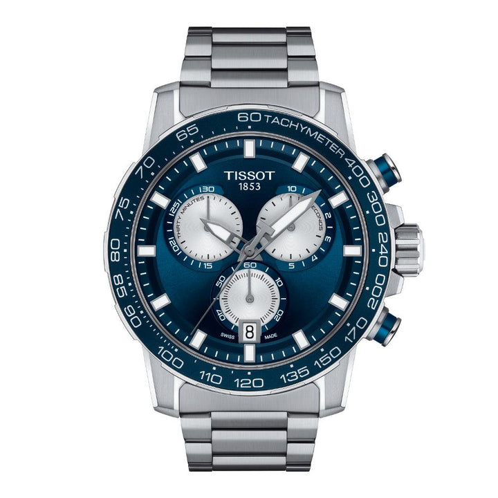 Tissot Supersport Chrono T1256171104100 watch with blue dial, steel chain and sporty chronograph. Model T1256171104100