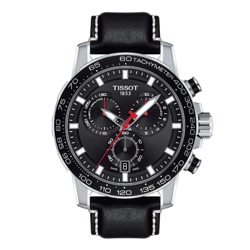 Tissot Supersport Chrono with black dial, chronograph details and black leather strap. Model T1256171605100