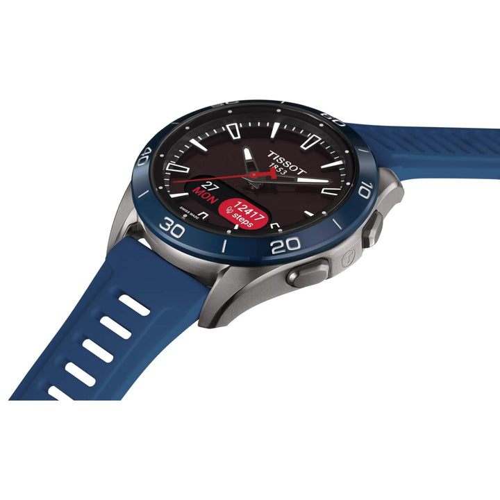 Tissot T-Touch Connect Sport with blue dial and rubber strap, detail of smart sports watch. Model T1534204705101