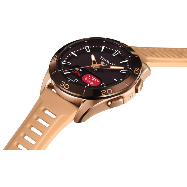 Tissot T-Touch Connect Sport Rose Gold PVD is shown with black dial and beige silicone strap. Model T1534204705105.