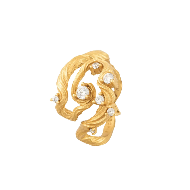 Vincent Aurum Roots Ring gold-plated with white crystals, curved leaf motif and stones, Model VJ251-URG-001