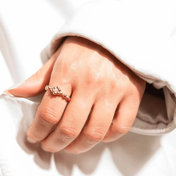 Vincent Bloom Ring Gold Plated w/ White Crystal worn on hand, gold colored pearl ring with clear stones, Model VJ253-URG-001-1.