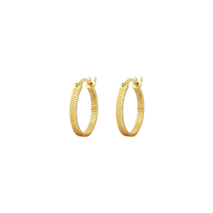 Vincent Fortune Teller Creole Gold Plated Earrings Medium 16mm, two grooved gold colored creoles on a white background. Model vj078-ueg-m-1