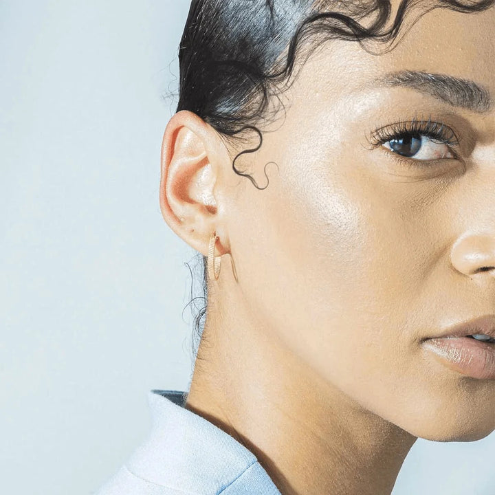 Vincent Fortune Teller Creole Gold Plated Earrings Medium 16mm show on ear, elegant gold plated style. Model vj078-ueg-m-2