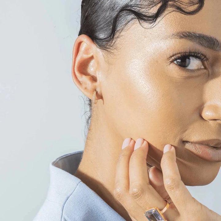 Vincent Fortune Teller Creole Gold Plated Earrings small 12mm shown on model, elegant and minimalist style. Model vj078-ueg-s-2