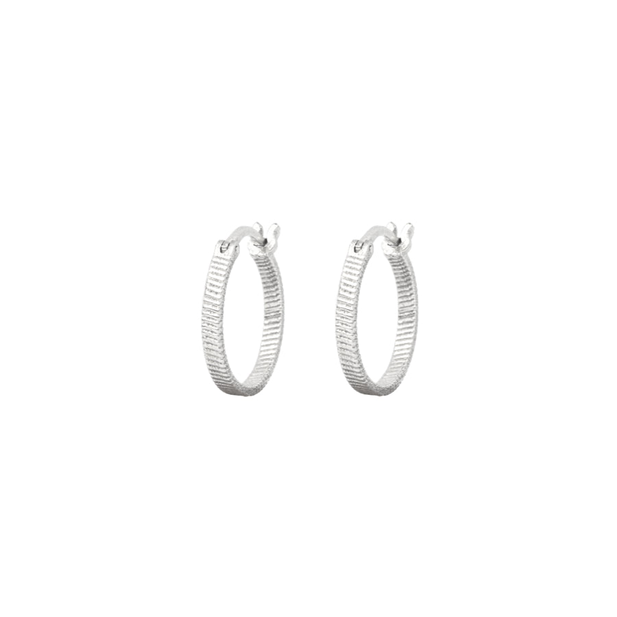 Vincent Fortune Teller Creole Silver Earrings medium 16mm, patterned silver hoops on white background. Model vj078-ues-m-1