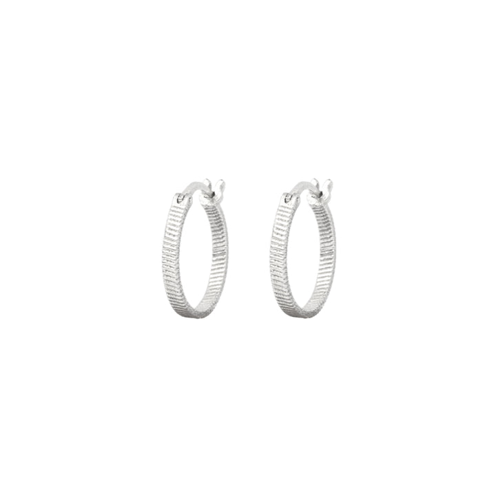 Vincent Fortune Teller Creole Silver Earrings medium 16mm, patterned silver hoops on white background. Model vj078-ues-m-1