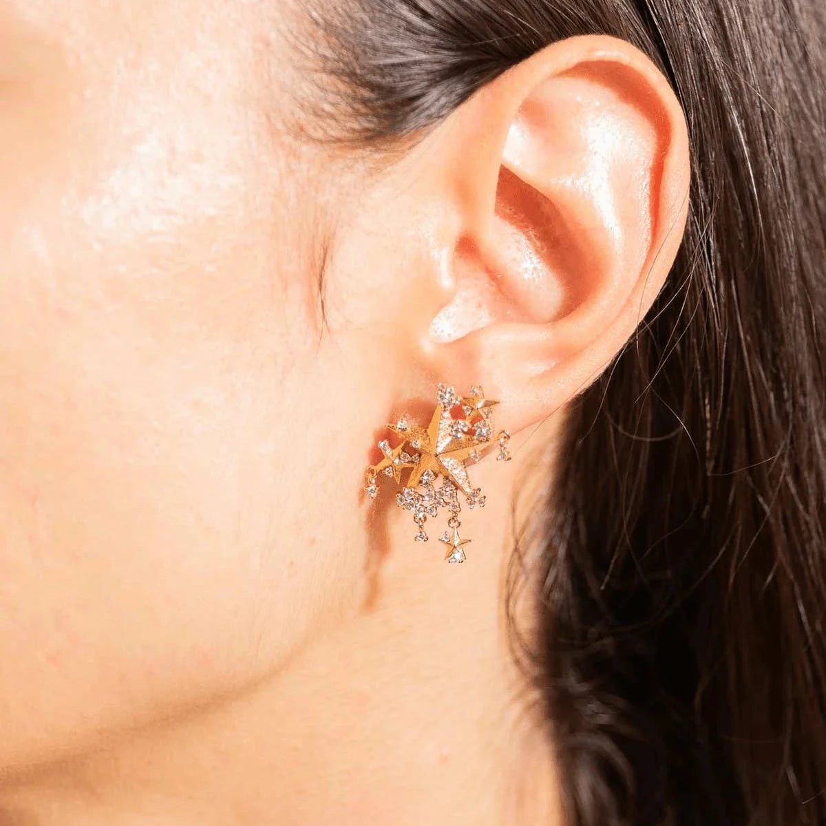 Vincent Night Remains Star Earrings Gold-plated wear on ear, star-shaped design and clear stones, Model VJ243-UEG-1