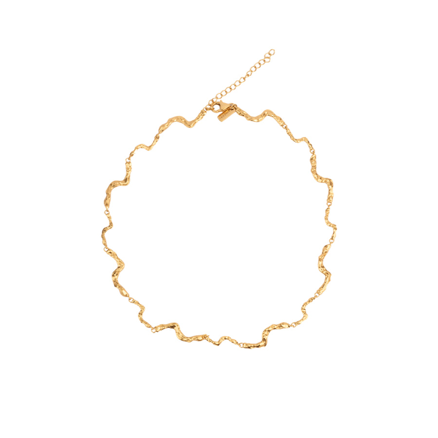 Vincent Nightfall Gold Plated Necklace shown on white background, wavy golden chain. Model VJ127-UNG-1
