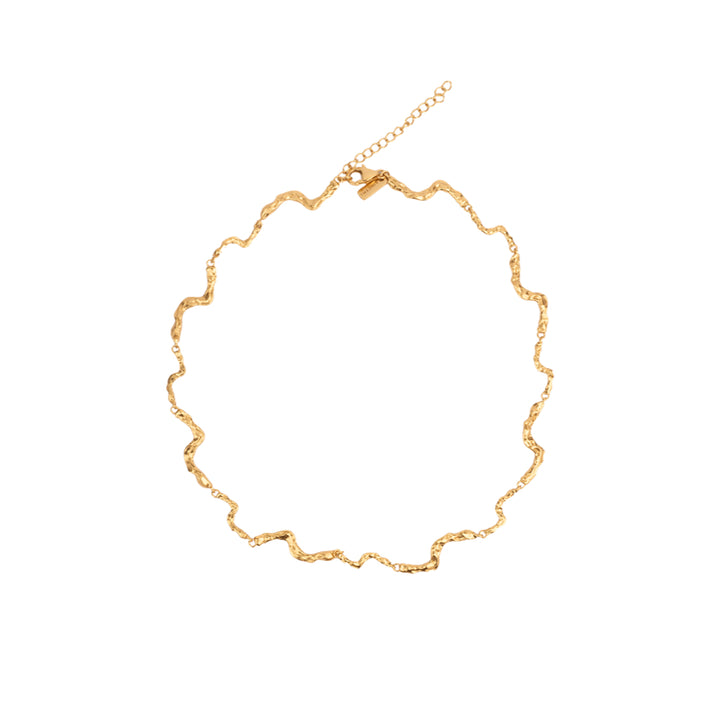 Vincent Nightfall Gold Plated Necklace shown on white background, wavy golden chain. Model VJ127-UNG-1
