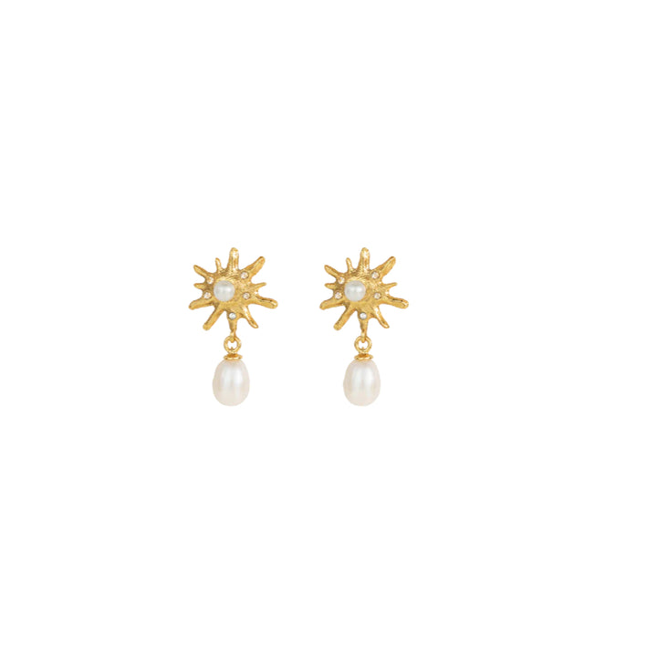 Vincent Rhea Gilt Pearl earrings with baroque pearls and sun shape in gold, Model VJ234-UEG-2.