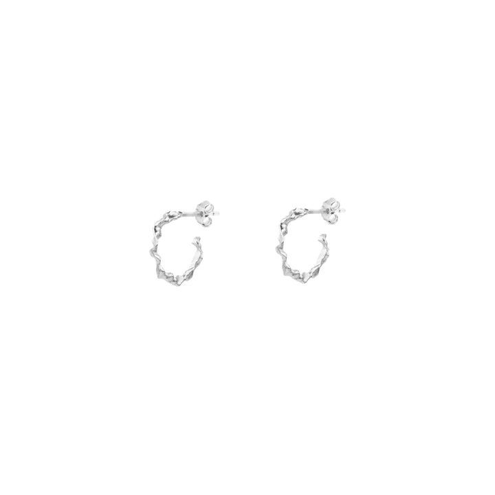 Vincent Shaman Hoops Silver Earrings Small 14mm shows a pair of small, organic silver hoops on a white background. Model VJ126-UES-S-1.