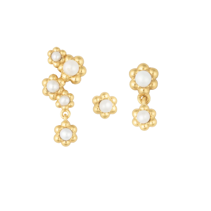 Vincent Venus Bloom Earrings Gold Plated Set of 3 elegant flower shaped earrings with pearls, golden finish. Model VJ246-UEG-2