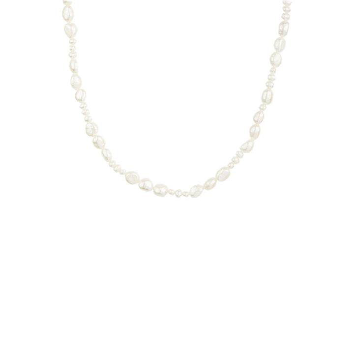 Vincent Venus Conspiracy Gold Plated Pearl Necklace, white irregular pearl necklace on light background. Model vj087.