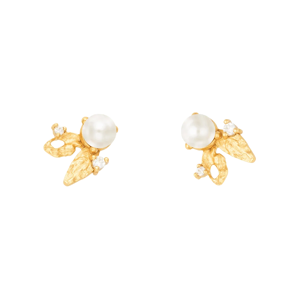 Vincent Venus Folia Earrings Gold Plated w. Freshwater Pearl shown as a gold plated set with white pearls, Model VJ245-UEG-1.