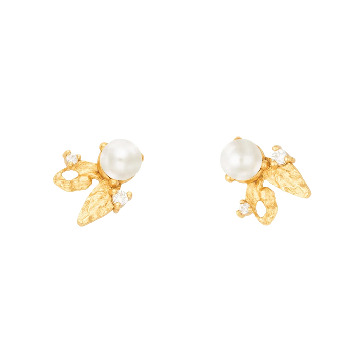 Vincent Venus Folia Earrings Gold Plated w. Freshwater Pearl shown as a gold plated set with white pearls, Model VJ245-UEG-1.